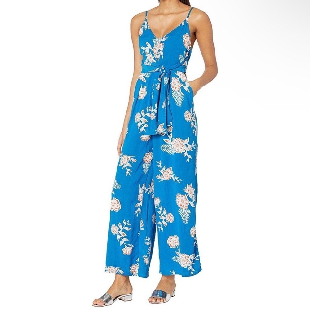 Roxy XS Wheel And Palms Belted Wide Leg Floral Jumpsuit Mykonos Tropical Boho